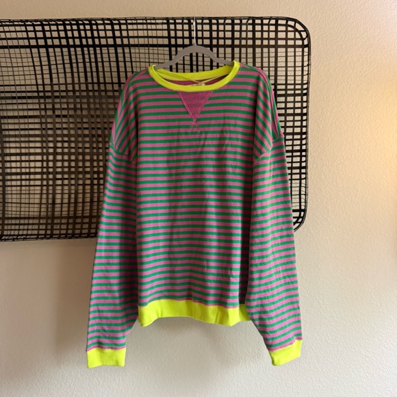 Free people classic striped oversized crewneck sweatshirt pink
